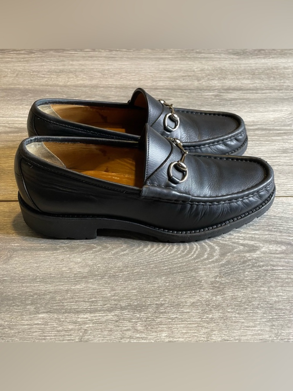 Gucci Men’s Black Leather Horsebit Loafers Lug Sole - Size 10.5